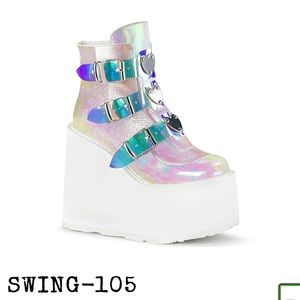 Demonia SWING-105 vegan leather platform ankle boots, size 9.